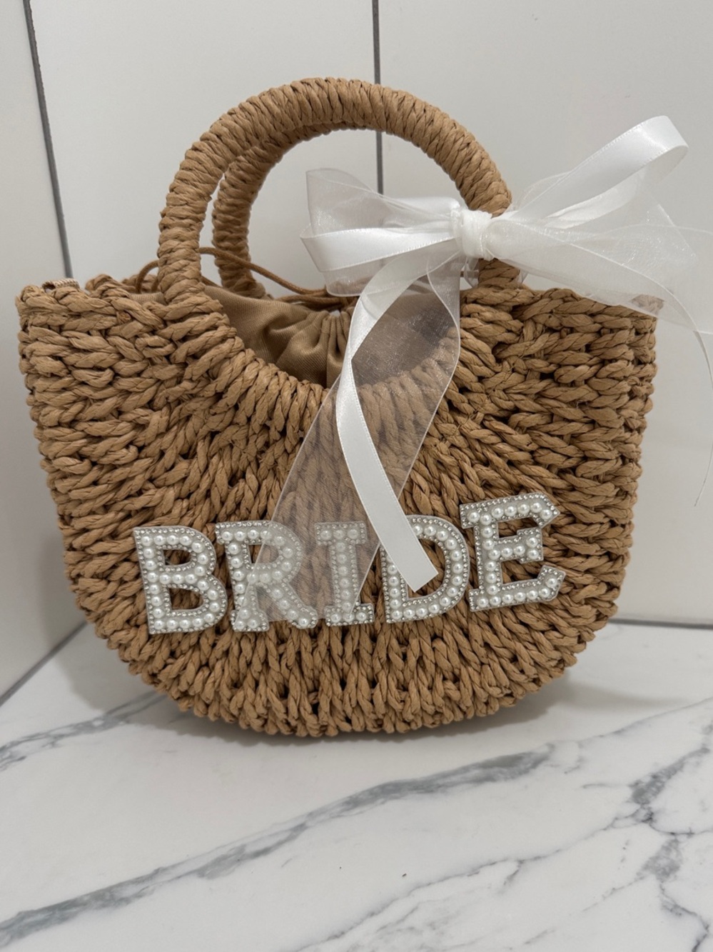 Tan Straw Bride Tote with Pearl Lettering and Ribbon